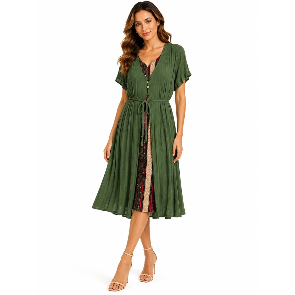 Jamie‎ Brooke 15 Womens Vintage Midi Faux Layered Green Boho Crinkle Rayon Dress